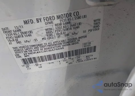 2012 Ford Edge Limited z USA, uszkodzony, nr VIN 2FMDK4KC9CBA76695